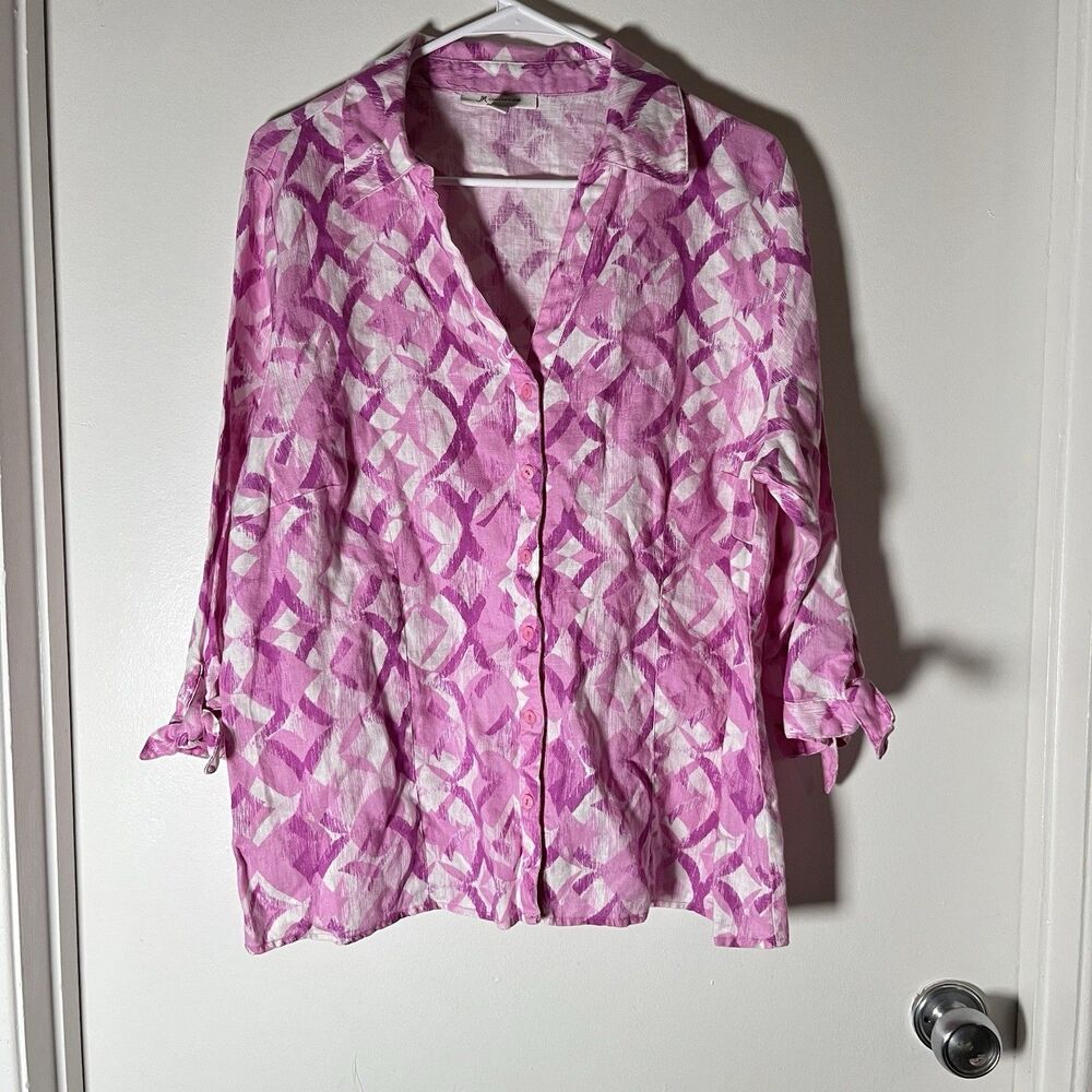 JM Collection Size 18 Womens Pink Long Sleeve Button-Up Shirt Top 100% Linen